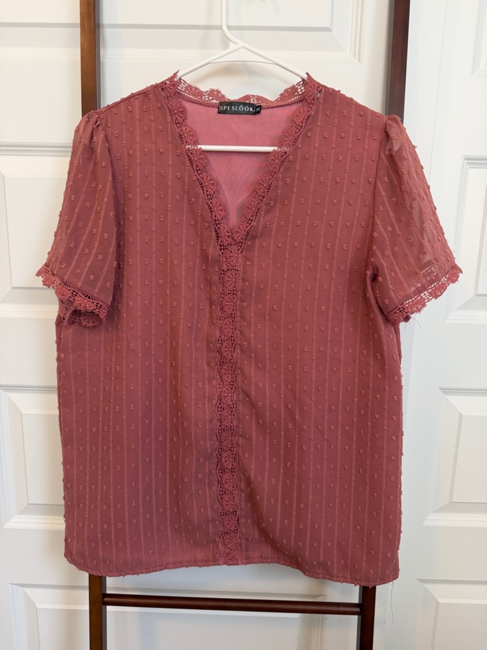 Lace-Trim Dot Swiss Blouse in Dusty Rose by